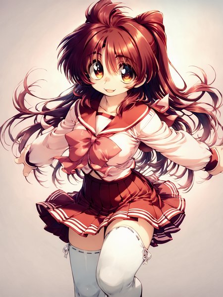 score_9, score_8_up, score_7_up, score_6_up, score_5_up, score_4_up, source_anime, <lora:kousaka_tamaki_pony_ver2:0.9> kousaka_tamaki, brown eyes, red hair, long hair, school uniform, serafuku, long sleeves, pleated skirt, white thighhighs, smile, IoIi, <lora:Ippongi_Ban_Artist_Style_PonyXL:1.2>