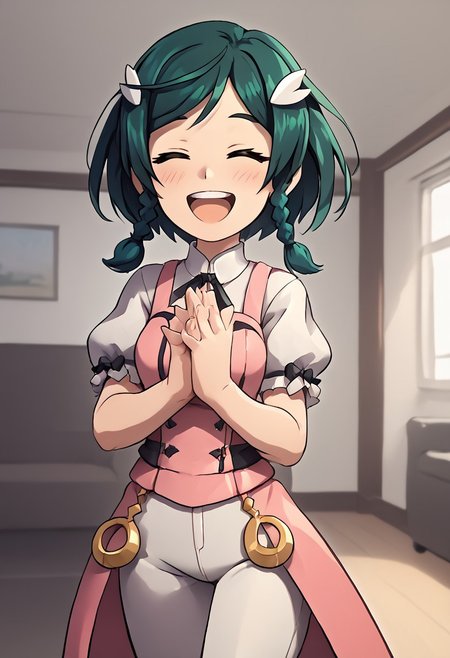 score_4,score_5,score_6,score_7_up,score_8_up,score_9
((masterpiece,best quality,ultra detailed,highres,HD,4k:1.2)),
1 cute girl,
upper body,1girl, solo, medium hair, dark green hair, braids, two braids, yellow eyes,  pink top, ribbon on clothes,white pants skirt, pantyhose, black footwear, boots, white shirt, short sleeves, puffy sleeves, hair ornament,
room, living room, open mouth,closed eyes, blush, happy, smile, put your hands together,