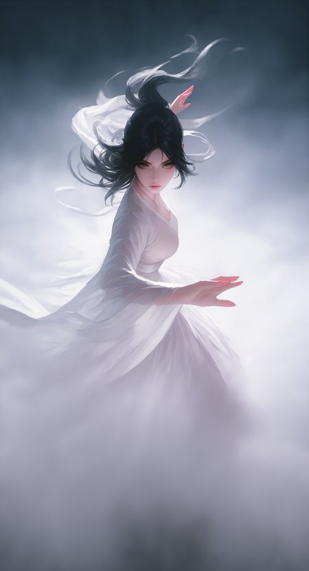 masterpiece, best quality, good quality, very aesthetic, absurdres, newest, 1girl, delicate hanfu,fighting stance,
Long hair, medium breasts, looking_at_viewer, Reflection Eyes, heavy fog, rolling fog, vapor, <lora:ponyv5_noobV065S_1_adamW-000013:0.7> <lora:USNR_STYLE_XL_lokr:0.45> <lora:HeavyFogIllXL-15:0.8>