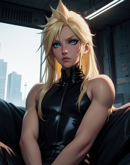 Cloud, long blonde hair, blue eyes, solo,  eyeliner,  otoko no ko, 
upper body, eyeliner,    sitting, 
hips,    black turtleneck,  bare shoulders, 
night, industrial, cyberpunk, indoors,  bed, 
 (insanely detailed, beautiful detailed face, masterpiece, best quality)  <lora:CloudFB-10v6:0.7>