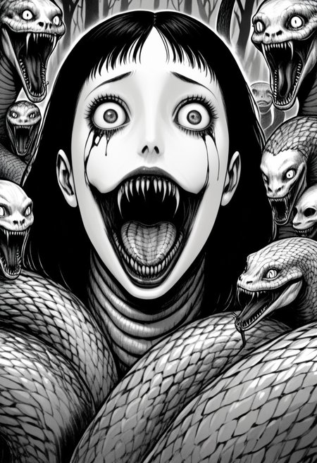 Snake woman, mouth open, jaw unhinged, serpent eyes, lamia, naga, nightmare fuel, horror, junj11t0, junji ito, monochrome, creepy, manga
