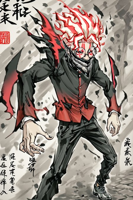 score_9, score_8_up, score_7_up, score_6_up, score_5_up, score_4_up, <lora:ken_takakura_anime_v2-soralz:1> ken takakura, transformation, white hair, red hair, fiery hair, multicolored hair, round eyewear, red eyes, facial mark, jaw mask, teeth,  school uniform, gakuran, long sleeves, black pants, grey footwear, <lora:traditional_japanese_calligraphy:1>, 1boy, solo, alone, standing, traditional japanese calligraphy,  masterpiece, highres