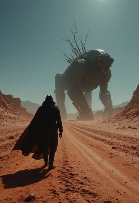A moody bleaked pastel broken contrast colored moon, Dusty White Desert, a dystopian Landscape in Infernal Heat, the vision flimmers and IS blurry - a towering Shadow of a giant round complex ist barely visible in the far, in the foreground a Closeup of a bedouin with a billowing Cape and an immense translucent beige aura Walking through the dunes of *Channel_42*, mutet Red, beige, blue, gray, and black tones dominate the scene, evoking a dystopian, industrial atmosphere. Retro scan of an 80s sci-fi book, lofi, grainy, melancholic yet hyper-detailed, cinematic, A colossal, technologically complex desolate intricate Caterpillar mech Robot lies stranded in the middle of a desolate, cracked wasteland. R3tun4L style