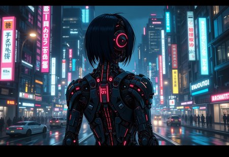 A digital artwork in the style of cknc, aidmaMJ6.1, extreme long shot of a cybernetic woman, woman herself in the middle of the composition and her back is turned, night time, cyberpunk city which nature took hold in the background, extremely detailed