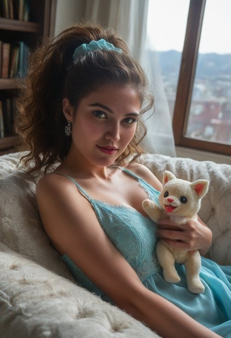 masterpiece, best quality, absurdres, photo, realistic, extremely detailed, real life photo, detailed background, MyRosita2, A sensual, dreamy portrait of a confident woman lounging on a plush velvet couch, bathed in soft golden light from a nearby window. Her eyes are half-lidded, giving her an air of mystique and charm. Sheas dressed in a delicate lace nightgown, with her gorgeous long curly dark brown hair, front pony haircut, ponytail, cascading over her shoulders. The soft, dreamlike atmosphere evokes a sense of intimacy and allure, capturing her in a moment of complete relaxation and confidence. The room around her is cozy, with a warm, inviting glow, highlighting the subtle beauty in the scene