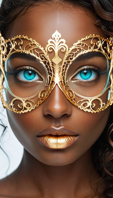 Close-up gorgeous girl face , cute, dark skin, bang, freckles, striking turquoise large eyes, aligned eyes, mirror eyes,
BREAK,
(wearing transparent Venetian Mask with intricate very detailed gold filigree), (thin detailed gold filigree), curly hair,
long lashes, trendy portrait,
tender Aesthetic nose, Aesthetic chin, ears, puffy lips, sensual lips, detailed texture, detailed eyes, detailed skin, clean skin,
<lora:Someplastic:1>, (ultra sharp focus:1.8), (detailed skin:1.8), (thin lines:1.8), (best quality:1.8),
<lora:Apparatus_-_Traction_City_Walkers_Vehicles:0.7>,
<lora:add-detail-xl:1> (ultra sharp focus:1.8), (detailed skin:1.8), (thin lines:1.8), (best quality:1.8),
<lora:glowneon_xl_v1:0.8>