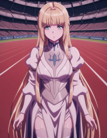 masterpiece, best quality, amazing quality,, <lora:calca-bessarez-movie3-illustriousxl-lora-nochekaiser:1>, calca bessarez, long hair,bangs, blue eyes, blonde hair, very long hair, green eyes, blunt bangs, mature female, medium breasts, anime screencap, thighhighs, dress, white dress, white thighhighs,, from above,, stadium, seats, field, game, large, cowboy shot, solo, looking at viewer