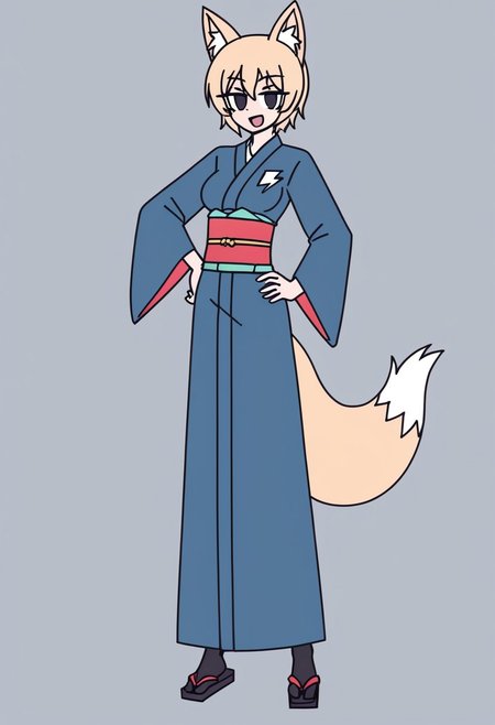 fine details, very detailed, high resolution, 
1girl, solo, fox_girl, blond hair, short hair, electrified hair, gloomy black eyes, detailed eyes, fox ears, black eyes, Japanese kimono, slim body, medium breasts, frisky smile, (electrical flashes in hair, blue electrical flashes, blue lightning), (two fox tails, fluffy tails), fluffy ears, body hair, hand on hip, smile, open mouth
simple background, full body