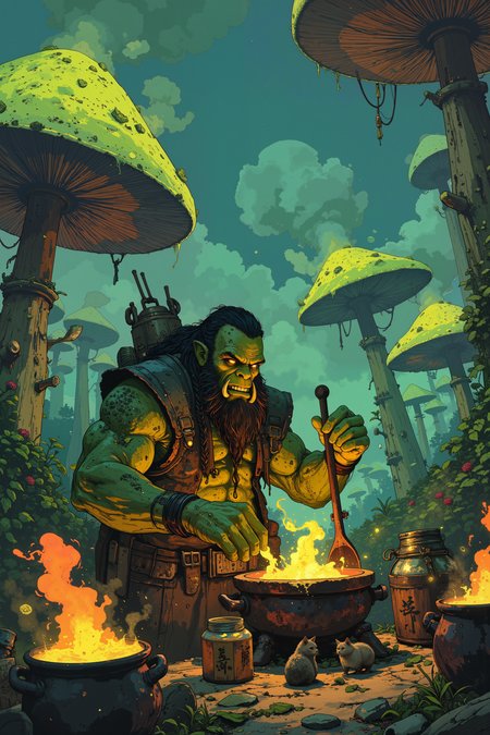 In a sprawling field of giant, glowing mushrooms, an orc with emerald green skin and a long, braided beard is engrossed in the meticulous process of brewing magical teas. His massive hands handle the delicate leaves with surprising care, crushing them with a mortar and pestle carved from a single piece of enchanted wood. Around him, bubbling cauldrons emit fragrant steam, each one glowing with a different color that corresponds to its unique magical effect. The orcâs tusks gleam faintly in the soft light of the mushrooms, and his deep, gravelly voice hums a tune as he stirs the contents of a cauldron with a long, wooden spoon. The air is thick with the scents of herbs, flowers, and spices, mingling into an intoxicating aroma that seems to soothe the very soul. Finished tea leaves are carefully packed into tiny, rune-inscribed jars that glimmer softly in the dim light. Nearby, a group of curious woodland creatures watches him work, drawn by the comforting energy that radiates from his craft. The scene is one of quiet industry, where the orcâs rough exterior belies the gentle, healing power of his work. , detailed background  Fantastic lighting. Detailed shadows.intricate details, vivid colors, hyper-detailed, ultra-sharp, High resolution, high detail. Highly detailed. , ,in the style of cksc,anime, cyberpunk, DB4RZ, DB4RZ style painting <lora:CPA:0.5><lora:FLUX-daubrez-DB4RZ:0.3><lora:Luminous_Shadowscape-000016:0.3><lora:ck-shadow-circuit-000021:0.35>