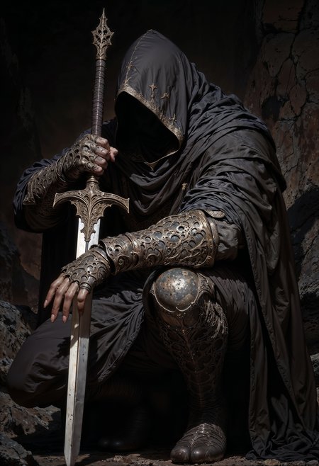 a highly detailed digital painting depicting a hooded figure, likely inspired by a ninja or assassin. The character is crouched in a menacing pose, with a large sword held in their right hand, which is covered by a dark, intricate gauntlet. The figure's face is obscured by a black hood, making it difficult to discern any facial features. The skin is pale and appears to be smooth and unblemished.
The character is dressed in dark, flowing robes that blend into the shadows, with textures suggesting a heavy, possibly leather-like material. The hood casts a dramatic shadow over the figure’s face, adding to the mysterious and intimidating aura. The left hand is extended towards the viewer, with fingers splayed, showing the sharp, claw-like nails. <lora:FluxMythV2:0.6> <lora:ck-painterly-fantasy:0.6> <lora:flux.1_lora_flyway_Epic-detail_v2:0.5> <lora:RetroAnimeFluxV1:0.7>