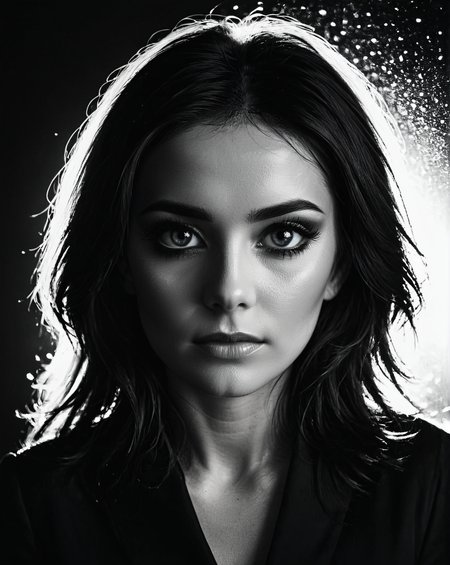 Silhouette style woman,  low light, dramatic lighting, darkness, window lighting, eye lighting, water, black background,   <lora:S4ndr4_nm_4:0.75> S4ndr4 . High contrast, minimalistic, black and white, stark, dramatic