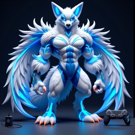 wolf male character inspired by the PlayStation 5, displaying a futuristic and muscular design. This character has a vibrant white and blue skin tone, reminiscent of the console's colors. His build is robust and athletic, highlighting well-defined muscles. The body is adorned with elements that resemble the PS5's design, such as blue lines that glow, suggesting an advanced technology interface. On his head, he wears a mask that echoes the console's design, and his tail has elegant details that complement the technological theme. The scene includes PS5 accessories, such as a wireless controller and the console itself, which reinforce the character's visual identity as a gamer warrior,