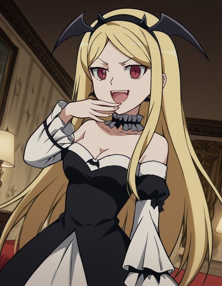score_9, score_8_up, score_7_up, source_anime, <lora:elizabeth-greenhough-smith-s1-ponyxl-lora-nochekaiser:1>, elizabeth greenhough smith, long hair, blonde hair, red eyes, very long hair, hairband, parted bangs, black hairband, medium breasts,, dress, cleavage, bare shoulders, jewelry, earrings, frills, detached sleeves, wings, choker, black dress, parted bangs, bat wings, cross, black hairband, head wings, gothic,, hotel, rooms, lobby, guests, beds, smile, <lora:ojou-sama-pose-ponyxl-lora-nochekaiser:1>, ojou-sama pose, laughing, smug, hand to own mouth, open mouth,, looking at viewer, solo,, dutch angle, cowboy shot