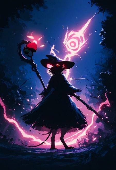 score_9, score_8_up, score_8, solo, (fluffy:0.8), (feral), furry, (((mouse))), female, claws, (fluffy cheeks:0.7), (black dress), grey fur,pokeball capture, energy conversion, pink glow,((pink glowing body)), pokeball, open pokeball,black ears, red eyes, look at viewer, (solo), j_cartoon, aesthetic, dramatic angle, unique perspective, unique angle, dynamic pose, action pose, night, dark, swamp, (witch hat), (hold magical staff:1.5), (evil expression), monochromemuse, monochrome, greyscale, j_cartoon, (open mouth), look at viewer, arkane_dark, magic, InkBlast