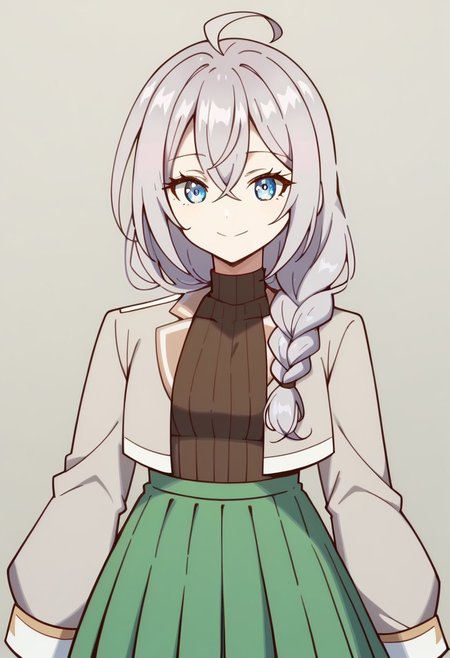 score_9, score_8_up, score_7_up,1girl, solo, Tokialya, long hair, blue eyes, grey hair, hair between eyes, bangs, ahoge, 
hair over shoulder, single braid, green jacket, brown shirt, long sleeves, green skirt, long skirt, pleated skirt, 
 looking at viewer, standing, smiling, character design, OC, cowboy shot