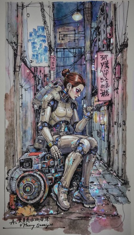 watercolor style,ARCHSLRA,a hand-drawn sketch and watercolor style,drk,intense opalescent inlay style, A cyberpunk mercenary, adorned with luminescent cybernetics, takes a moment of respite in a rain-soaked, neon-lit alleyway. She sits languidly upon a discarded piece of machinery, her gaze introspective and weary. Render her with hyperrealistic detail, emphasizing the textural interplay of wet asphalt, synthetic skin, and worn metal. Employ a low-angle shot that evokes her imposing presence, framing her against the vibrant tapestry of kanji-laden signs and dripping eaves.  Her robotic arm rests atop a heavy-caliber weapon, hinting at the latent violence of her profession.