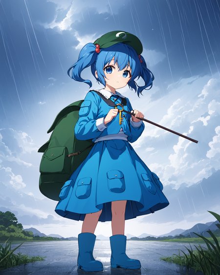 kawashiro nitori,1girl, solo, rubber_boots, rain, long_sleeves, backpack, looking_at_viewer, holding_umbrella, full_body, hat, pocket, blue_skirt, standing, blue_shirt, outdoors, two_side_up, cloudy_sky, black_footwear, headwear_removed, twintails
<lora:kawashiro_nitori_image4714_2023-12-17:1>,star-shaped_pupils,symbol-shaped_pupils,. gorgeous,key visual, vibrant, studio anime,award-winning, professional, highly detailed,high budget, cinemascope