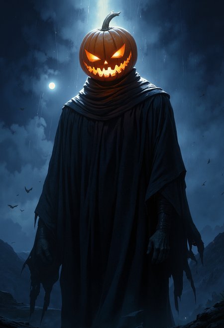 A tall, shadowy figure with a glowing pumpkin for a head. The pumpkin has an eerie, jagged grin with glowing orange light emanating from its eyes and mouth. The figure is dressed in a flowing dark cloak, the fabric obscuring the body entirely. The scene is set at night, with a small, bright moon in the distance casting pale light. Rays of light shine through the top of the pumpkin, enhancing its glow. The figure is slightly turned, showing only the upper body from a low-angle perspective. The atmosphere is dark and mysterious, with a deep blue night sky and some faint clouds drifting by.   <lora:FluxMythP0rtr4itStyle:0.8> MythP0rt, <lora:aidmaMJ6.1-FLUX-V0.2:0.6> aidmaMJ6.1, <lora:sxz-Dark-Fantasy-v2-Flux:0.66> drkfnts style,