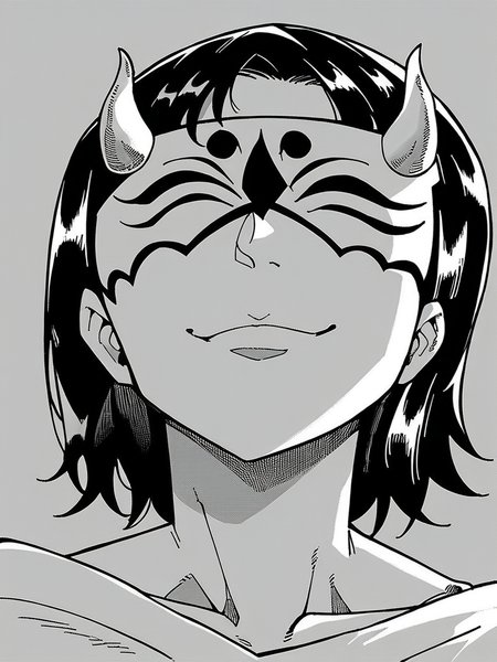 score_9, score_8_up, score_7_up,  
1girl, monochrome, mature female, black hair, medium hair, face, close-up, looking at viewer, smile, closed mouth, cult mask, eye mask, horns,