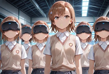 1girl, misaka imouto, toaru majutsu no index, tokiwadai school uniform, brown hair, skirt, brown eyes, shirt, sweater vest, short hair, white shirt, short sleeves, pleated skirt,  v-neck, black skirt, bangs, grey skirt, brown sweater vest, collared shirt,Expressionless,
wearing (((vr headset))),
warehouse, Late Night,
BREAK
BREAK masterpiece, best quality:1.2, very aesthetic, absurdres, very awa, 4K, clear_skin, (matte_skin:1.2), beautiful artwork, (beautiful color), (perfect anatomy:1.2), newest, extremely detailed CG, <lora:hand 5.5:0.9>,   <lora:Kisaragi_Honey:0.7> <lora:girls_lineup_IL:1>lineup  <lora:quest3sdxl:1>