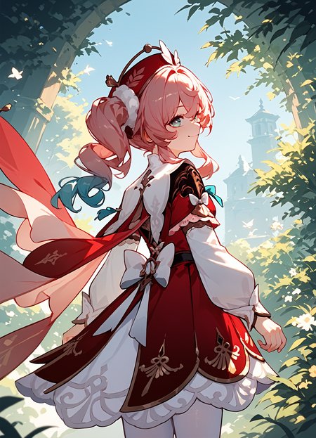 (score_9, score_8_up, score_7_up), 1girl, hyacine, red headwear, detached sleeves, white pantyhose, from behind, smile, closed mouth, <lora:hyacine-hsrPO-v1:0.9>