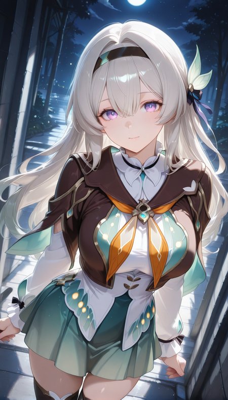 <lora:LCMTurboMix_Euler_A_fix:1> <lora:example_SDXL:0.3>, EZRealPONYXL, <lora:Dramatic Lighting Slider:3> 
DSLR,realistic,cosplay photo, (very awa,masterpiece,best quality,year 2024,newest,absurdres,highres:1), realistic,skin texture,facial features, photography shot with Canon EOS 5D Mark IV , realistic, RAW, best quality, masterpiece, amazing quality, skin details,
1girl, highly detailed beautiful face, large natural breasts,
detailed background, shiny skin, dutch angle, night, moonlight,
beautiful detailed eyes, intricate details, absurdres, anime screencap,
 <lora:Hotaru_HonkaiStarRail_ILXL_kill0825:1>
HSHotaru, long hair, breasts, large breasts, hair ornament, ribbon, hair between eyes, purple eyes, white hair, grey hair, sidelocks, hairband, hair intakes, black hairband, bow, hair bow, multicolored hair, 
shirt, skirt, long sleeves, white shirt, pleated skirt, black thighhighs, miniskirt, neckerchief, green skirt, yellow neckerchief, aqua skirt, orange neckerchief, jacket, collared shirt, black jacket, blue skirt, zettai ryouiki, cropped jacket, brown jacket, brown capelet,
dynamic pose,