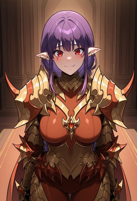 highres, best quality, masterpiece, indoors,
1girl, solo, slresil, long hair, purple hair, red eyes, pointy ears, braided ponytail, earrings, ear piercing, facial mark, fangs,
gold armor, red bodysuit, shoulder armor, pauldrons, gauntlets, red cape,
looking at viewer, blush, smile, fangs out, 
standing,
<lora:_esil_radiru-elesico-ilxlMd-000018:1>