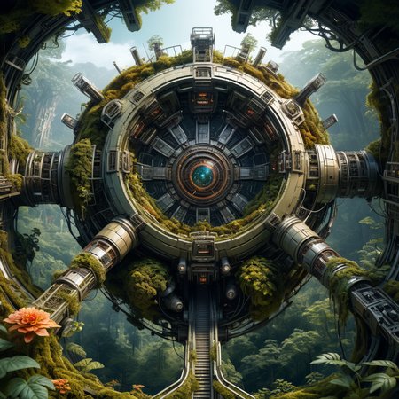 Biomorphic stunning abondend space station ruin in forest biomechanical interface maximalist perfect illustration, digital painting art, scifi, futuristic, utopian, machine parts, body parts, wires, circuits, highly detailed, floral, octane render, cinematic, aerial look from above, hauntingly surreal, highly detailed and intricate, rich deep colors, intricate artwork masterpiece, ominous, matte painting movie poster, golden ratio, intricate, epic, artistic masterwork by head of prompt engineering  <lora:xl_more_art-full_v1:0.5> <lora:add-detail-xl:2>