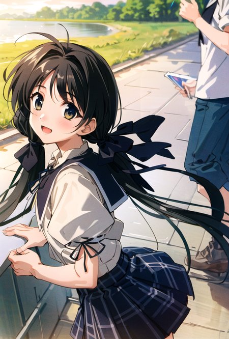 <lora:hotaruShirokawaMemories_v01:0.7>,((shirokawaHotaru)),masterpiece, best quality, extremely detailed, perfect light, colorful,detailed nature background, cowboy shot, 1girl, solo, focus on face, (happy face:1), open mouth, outdoors, black_ribbon, hair_ribbon, long_hair, plaid_skirt, puffy_short_sleeves, twintails,