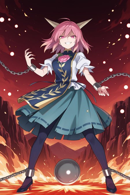 absurdres, highres, masterpiece, best quality, amazing quality, official anime artwork, screencap, anime screencap, looking at viewer, evil smile, dynamic pose, standing,
 <lora:Ibaraki-Doujis-Arm_Illustrious:1> ibaraki douji's arm, 1girl, solo, pink eyes, pink hair, medium hair, horns, medium breasts,, blue tabard, white shirt, puffy short sleeves, aqua skirt, ribbon-trimmed skirt, blue pantyhose, high heels, cuffs, ball and chain restraint, long fingernails, sharp fingernails,
red theme, skulls, (danmaku:1.3), light particles, hell, fire, fighting stance, mountains,