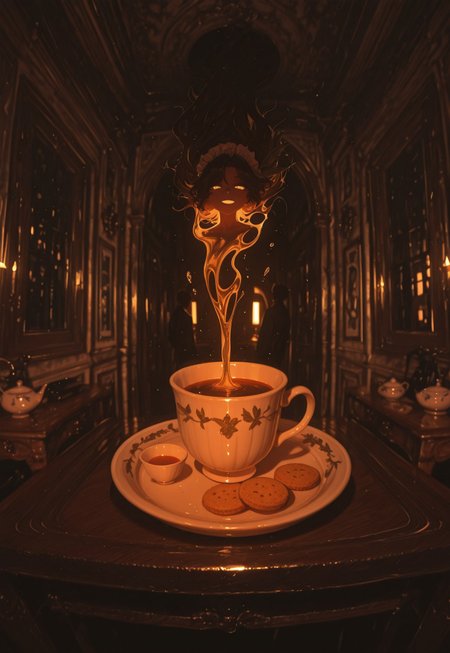 1girl, jacket girl (dipp), maid outfit, slender figure, evil shadow, tall boy behind maid, approaching behind, horror  \(theme\), tray of delicate fine china, porcelain cup, warm tea, steaming liquid, a touch of honey and a sprig of mint in tea, assorted biscuits set neatly, fancy cake stand, chamomile tea and biscuits, tray is on a small table, corridor, atmosphere of warmth, winter cold outside beyond the window
BREAK
warm tone, soft shadows, vivid, perspective, masterpiece, very aesthetic, absurdres, best quality, amazing quality, intricate detail, highly detailed, newest, highres, 8K, HDR, best quality, absurdres, high quality, dynamic composition, vibrant colors, foreshortening, glamour shot, artist:moriimee