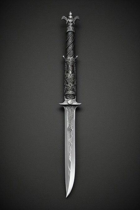 A stunningly realistic and brutal photo of a demonic sword, featuring a long, sleek black metal blade that reflects light.
great sword, knife, blade
The double-edged, full tang blade is sharp and deadly.
The handle, made of black material, showcases intricate demonic patterns and stripes.
A ruby adorns the center, adding a pop of red to the sinister design.
The dagger is depicted alone, with no humans or other objects in the image, allowing the viewer to fully appreciate its menacing beauty.
photo, product