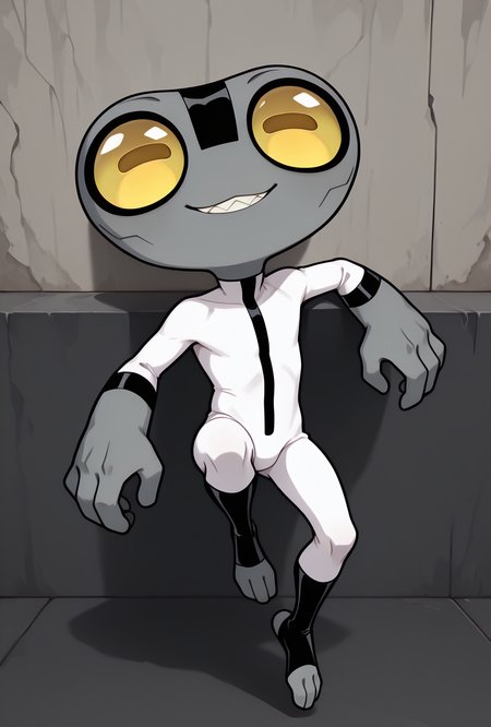<lora:greymatter-09:1> greymatter, solo, 1boy, white bodysuit, grey skin, , small body, big hands,  , sharp teeth, big yellow eyes, big head, dynamic pose,,, , tiny character, <lora:meme_mutsukiface_illustriousXL:1> mutsukiface, chibi, portrait, close-up, smile, :3, closed mouth, masterpiece, best quality, amazing quality, very aesthetic, absurdres, newest,