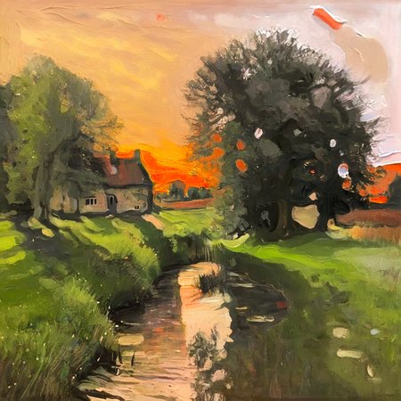 artmix07 landscape at sunset, stream, meadow, houses in the background, an old crooked tree in the foreground <lora:artmix07:1>