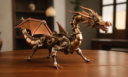 <lora:vintagemechcd_xl-000012:0.8>,a simple-structured chinese dragon made of vintagemechcd_xl standing on wooden table,desktop ornament,detailed,hi-res photo,bronze theme,chinese zodiac,no humans,close-up,microspur,indoors,living room,simple background, emotional,harmonious,high budget,moody,epic,gorgeous,perfect lighting,realistic,photorealistic,photographic,photo (medium),real,moody lighting,volumetric lighting,reality ray tracing,8K,HDR,UHD,masterpiece,best quality,highly detailed,high resolution,finely detail,extremely detailed,ultra detailed,wallpaper