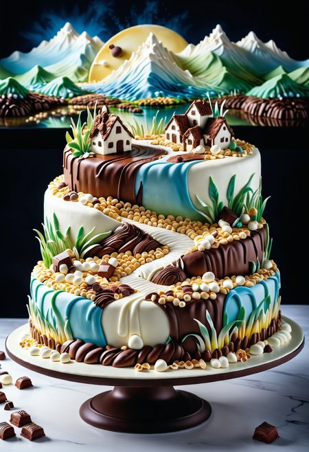 A masterpiece of a giant cake, cibulak porcelain technique of a landscape of an ethereal (The Dead Marshes:1.2) , Bathed in shadows, Horror, immense, Jed-ChocoC, chocolate, cereals, <lora:last:0.7>, Jed-whtccae, <lora:WhiteChocoStyle-000005:0.6>, Jed-mrshmlw, <lora:MarshmallowStyle-000007:0.5>, Icing, stunningly beautiful background, masterpiece, positive emotions, delicate, luxurious sharp focus, fertile, ambient