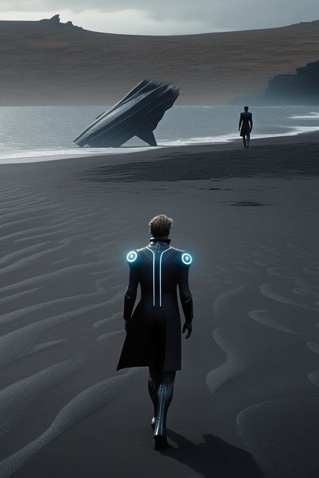 <lora:Director Christopher Nolan style:1>Director Christopher Nolan style - A Cinematic scene from 2021, science fiction, of a person in a tron suit walking away from their landed spaceship on black sand near an ocean, looking out to the distance. The inctricate details of the person's suit, captured very closefilm directedgloomy, low key lighting