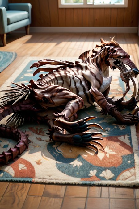 source_furry, score_9, score_8_up, score_7_up, (voretooth_xv, monster, canid, feral), detailed skin, white eyes, teeth, sharp teeth, spikes, claws, tail, <lora:FF_QiongQiPony08:0.8>, indoors, living room, carpet, lying on side, head down, seductive eyes, zPDXL2, zPDXLpg, zPDXLrl, shaded, best quality, highly detailed, extreme detail, photorealistic