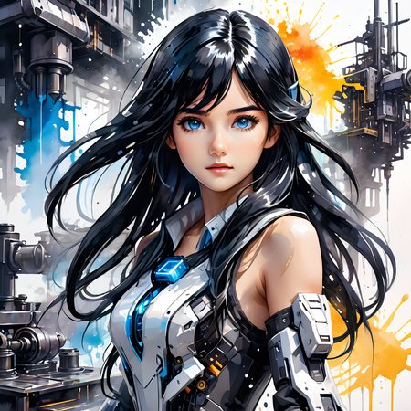 ink splashing,semi realistic, 2d game scene,oil and watercolor painting,
 <lora:fantasy_world:1>ï¼
Masterpiece, illustration,8K wallpaper, super detailed,portrait,(full body),(dissection:1.5),(Disassemble:1.3)
(1 girl:1.5),(solo),(long black hair:1.4),(Machine structure body),ponytail, (Medium breasts),(Beautiful detailed blue eyes: 1.3),
(white background: 2), mecha,natural light, light tracing