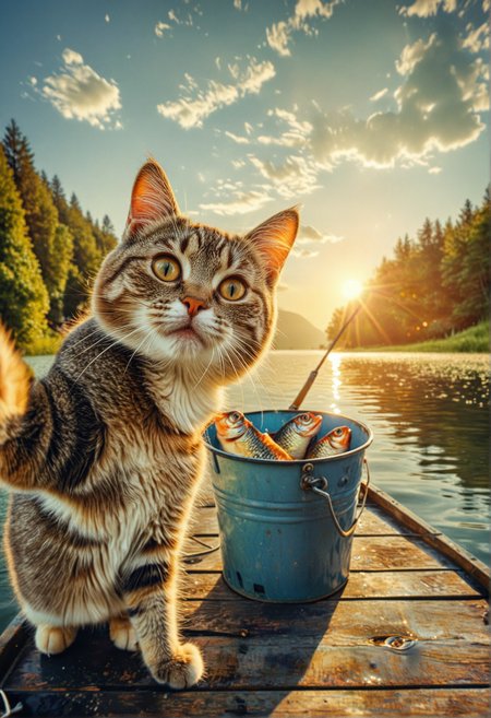 A cat with a smug expression taking a selfie with a fish bucket in the background. standing on boat in the middle of a lake. The lighting should be bright and sunny, and the color scheme should be warm and inviting. cat look playful and happy., <lora:MJ52:0.3>, <lora:MJ52_v2.0:1>, <lora:CinematicStyle_v1:0.7>