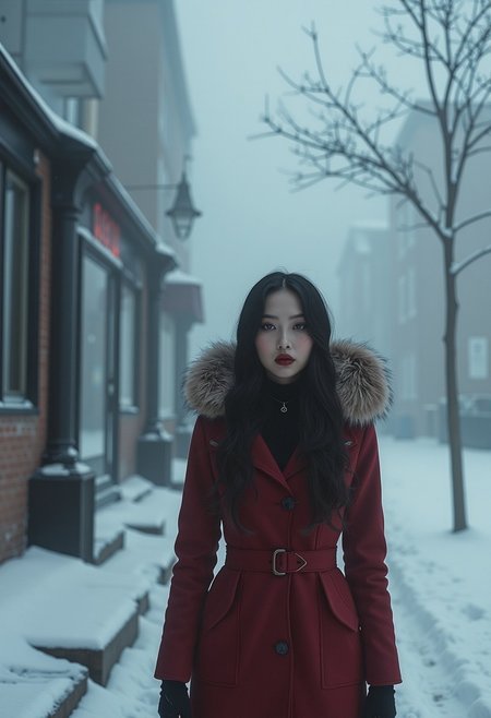 The image is a digital, hyper-realistic CGI rendering of a misty, snowy urban scene. A woman with long, dark hair and a pale skin tone stands in the foreground, positioned to the right of the frame. She is wearing a deep red, knee-length coat with a fur-lined hood, a stylish accessory that adds a touch of warmth and elegance to the cold environment.