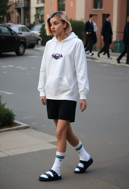 scksnsndls, birksonsocks, gwen_stacy, solo, outdoor, city, standing, socks, full_body, realistic, dunamic_pose, walking
