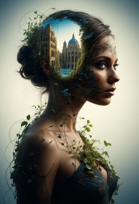 mysterious silhouette beautiful antique woman, (hanging gardens of babylon), goddess, alluring, by Minjae Lee, Carne Griffiths, Emily Kell, Steve McCurry, Geoffroy Thoorens, Aaron Horkey, Jordan Grimmer, Greg Rutkowski, amazing depth, double exposure, surreal, geometric patterns, intricately detailed, bokeh,  perfect balanced, deep fine borders, artistic photorealism , smooth,  great masterwork by head of prompt engineering   <lora:add-detail-xl:2>  <lora:Double_Exposure:0.5>