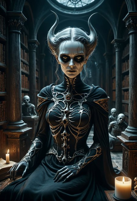 cinematic film still Surreal horror style by grim Sophia Rapata and h.r. giger,surreal abstract art,a female ghoul haunting a ancient library of an evil magician,ghostly garments,bandages,undead woman,depth of field,unsettling,asymmetric abnormalities,surreal masterpiece,insanely detailed,insane imagination illustrated,sharp focus,creepy,never before seen art of an evil mastermind,demented dream,ziprealism, Ultra-HD-details, glow effects, godrays, Hand drawn, render, 8k, octane render, cinema 4d, blender, dark, atmospheric 8k ultra detailed, cinematic, Sharp focus, big depth of field, Masterpiece, 3d octane render, 8k, concept art, trending on artstation, hyperrealistic, extremely detailed CG unity 8k wallpaper, trending on CGSociety, Intricate, High Detail, dramatic . shallow depth of field, vignette, highly detailed, high budget, bokeh, cinemascope, moody, epic, gorgeous, film grain, grainy