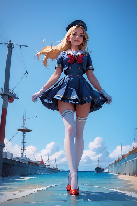 1woman, sexy, petite, skinny legs, long hair, blonde hair, <lora:Sailor:1> Jed-Salr, Navy Blue Mini Dress, White Trim,  White Sailor Collar,  Nautical Stripes,  White Thigh-High Stockings, Red Heels, Sailor Hat,  White Gloves, Sailor Cuffs, White Petticoat, walking on a coastline, viewer looking from below, upskirt,, score_9, score_8_up, score_7_up, score_6_up, score_5_up, score_4_up, <lora:K040790P:0.4> 040790P, woman, 24 years old, <lora:Breast Slider - Pony_alpha1.0_rank4_noxattn_last:1>, (tiny waist, flat stomach, narrow hips), <lora:Aesthetics_Enhancer_pony:0.8> EnhanceImage