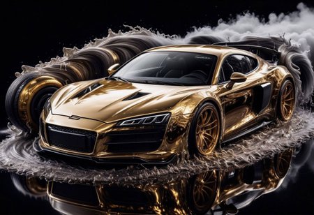 GOLD LIQUID METAL sports car, race car, racing through SILVER LIQUID METAL, liquid metal sprays up from the cars tyres, Car drifting in a black void