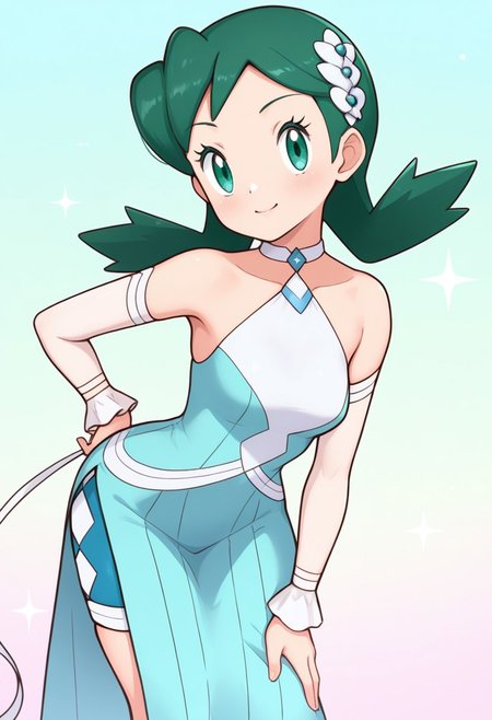 2d, masterpiece, best quality, amazing quality, 1girl, solo, close-up, standing, smile, leaning_forward, looking at viewer, multicolored background, sparkle, gradient background, colorful background, green background, blue background, 
sygkris, kris \(pokemon\), green eyes, green hair, medium hair, hair ornament, halter dress, bare shoulders, choker, aqua dress, side slit, detached sleeves, wrist cuffs, aqua shorts, shorts under dress, long dress