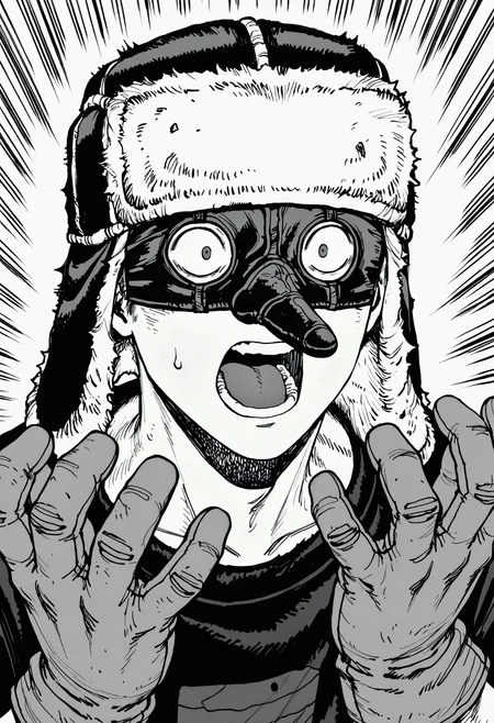 masterpiece, best quality, newest, absurdres, highres, very awa, 1boy, male focus, fujita \(dorohedoro\), official art, ushanka, tengu mask, eye mask, monochrome, greyscale, solo, open mouth, hat, emphasis lines, wide-eyed, shouting, fur hat, sweat, screaming, sweatdrop, gloves, portrait, surprised, constricted pupils, teeth