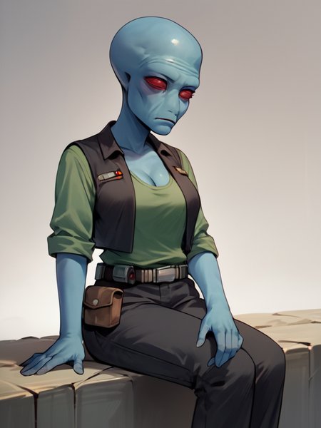 score_7_up, score_8_up, score_9, masterpiece, (1girl, solo,)perfect face, perfect hands, high quality, source_anime, cowboy shot, <lora:Duros_-_Star_Wars:1> duros, colored skin, alien, red eyes, blue skin, bald, sitting, black vest, green undershirt, black pants, utility belt, medium breasts, cleavage,
