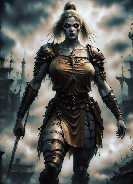 DonMGl00myN1gh7m4r3XL,score_9, score_8_up, score_7_up, score_6_up, amazon, fearless female warrior, skilled archer, formidable strength, independent and self-reliant, tall and muscular stature, battle-hardened, warriors of ancient myths, honor and bravery, fantasy ,  creepy, gloomy, <lora:DonMGl00myN1gh7m4r3XL:0.8>